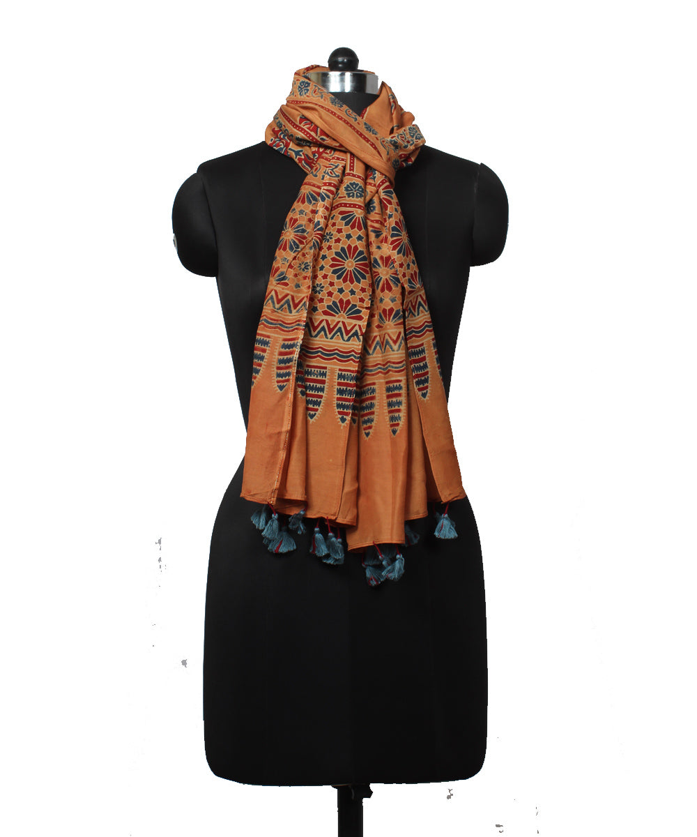 Orange maroon handloom cotton ajrakh stole