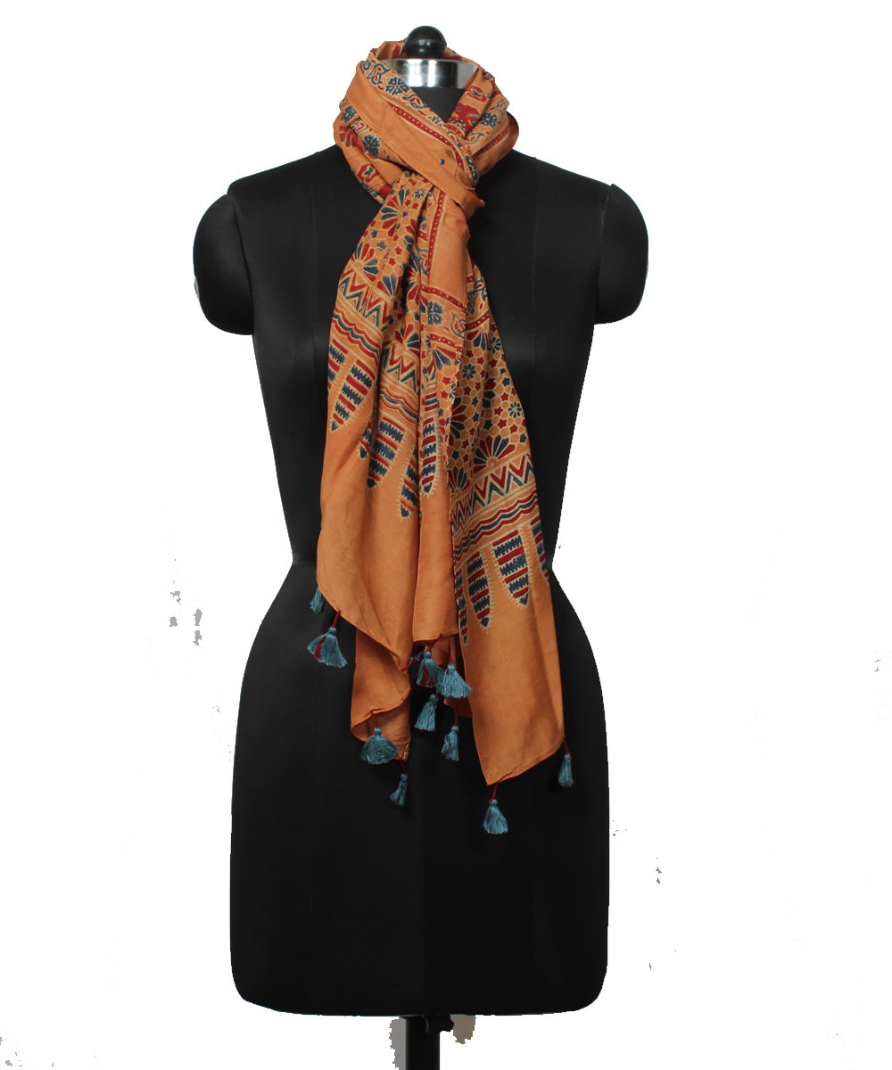 Orange maroon handloom cotton ajrakh stole