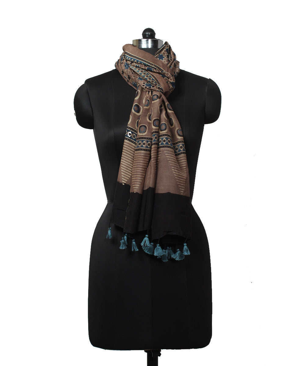 Brown blue handloom cotton ajrakh stole