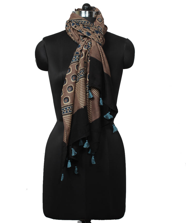 Brown blue handloom cotton ajrakh stole