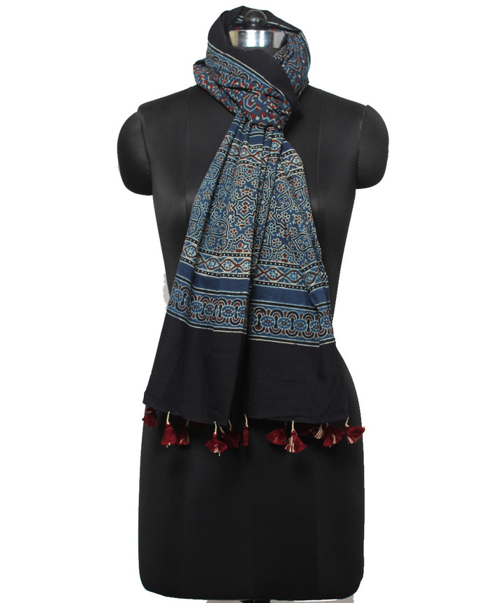 Navy blue black cotton handwoven ajrakh stole