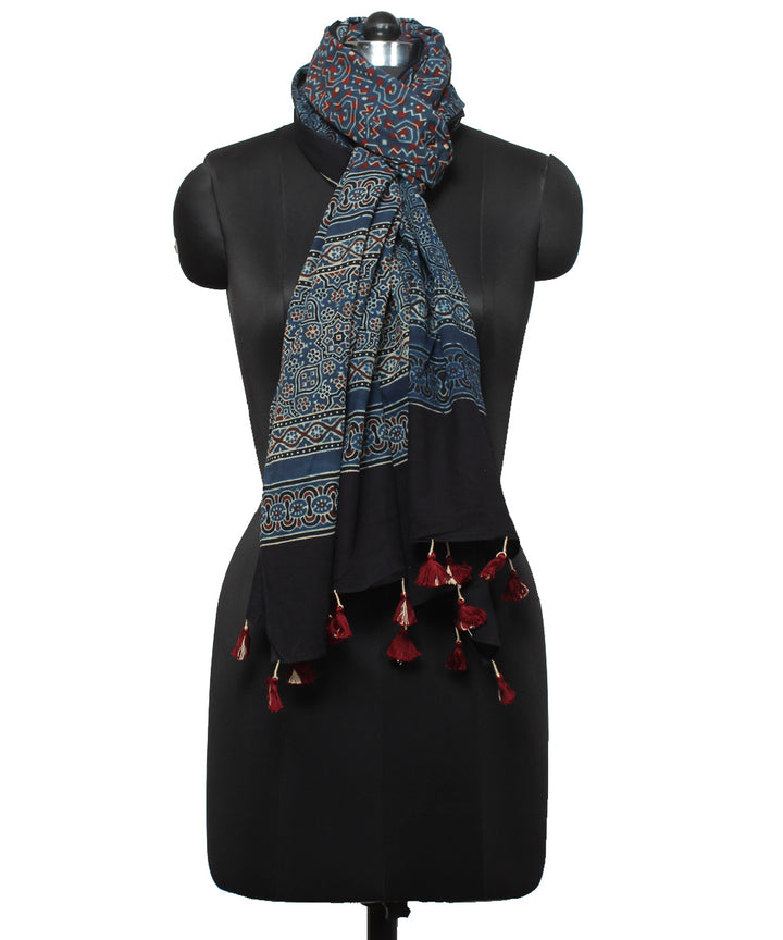 Navy blue black cotton handwoven ajrakh stole