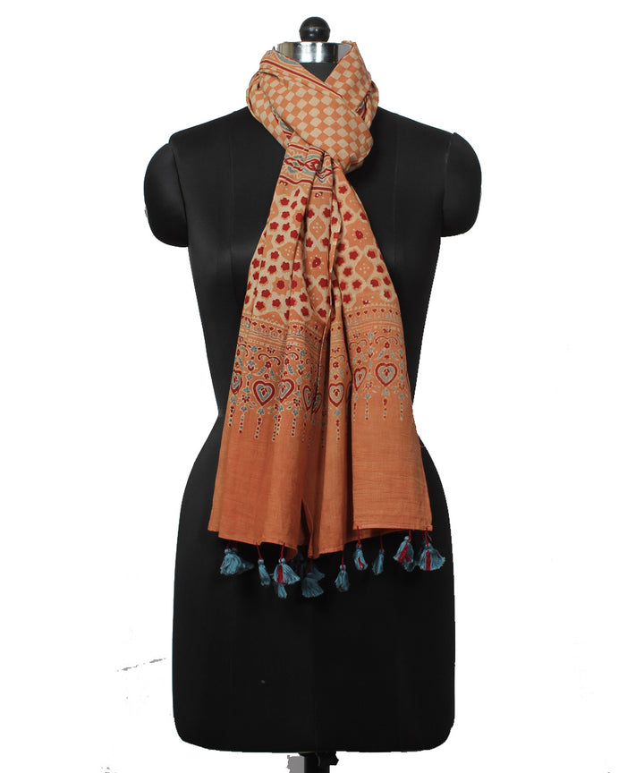 Peach red handloom cotton ajrakh stole