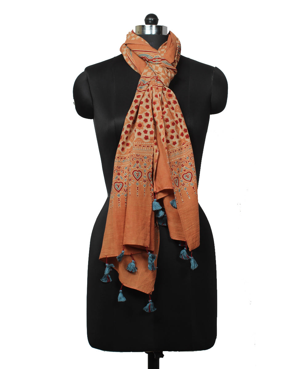 Peach red handloom cotton ajrakh stole
