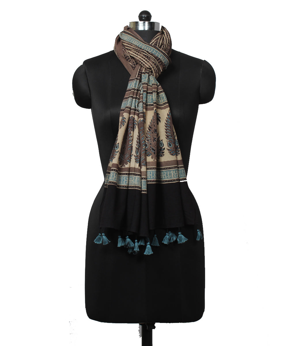 Brown blue handloom ajrakh cotton stole