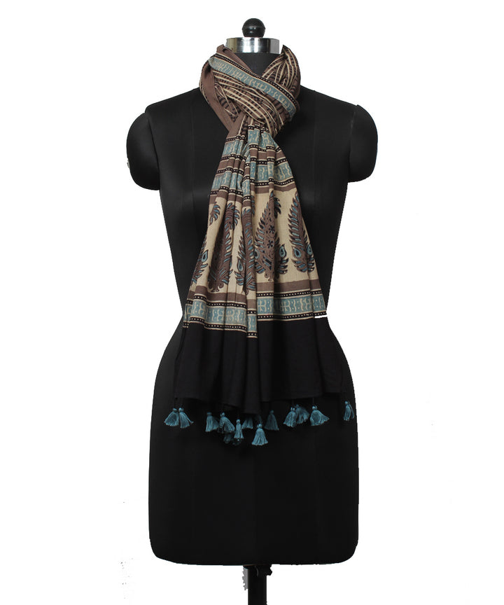 Brown blue handloom ajrakh cotton stole