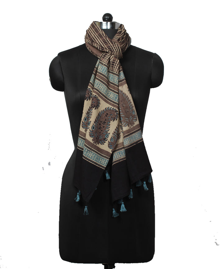 Brown blue handloom ajrakh cotton stole