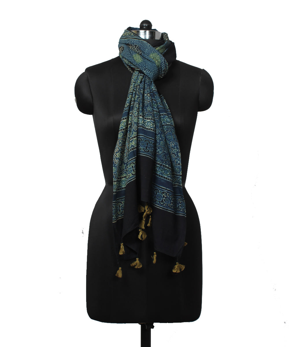 Navy blue black handloom cotton ajrakh stole
