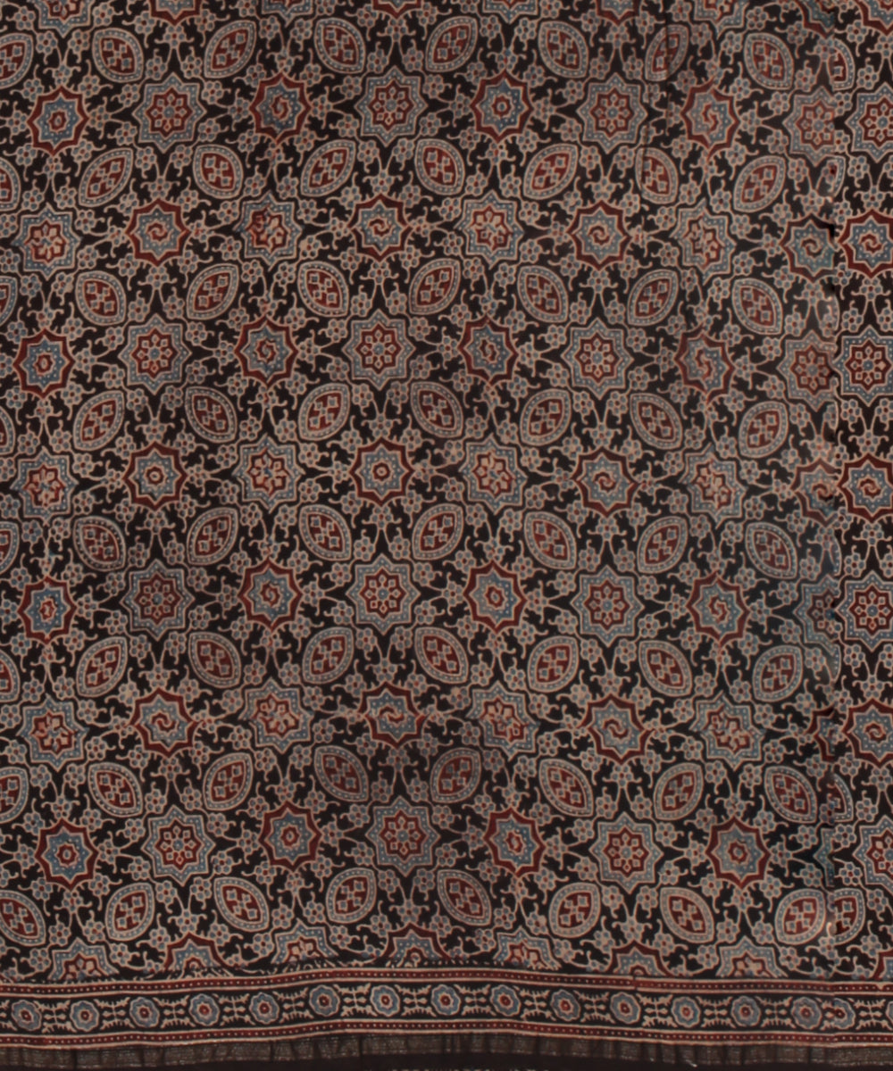 Black brown cotton modal silk hand printed ajrakh saree