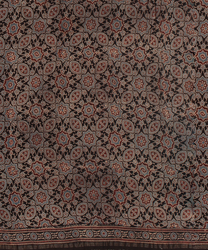 Black brown cotton modal silk hand printed ajrakh saree