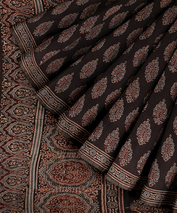 Black brown cotton modal silk hand printed ajrakh saree