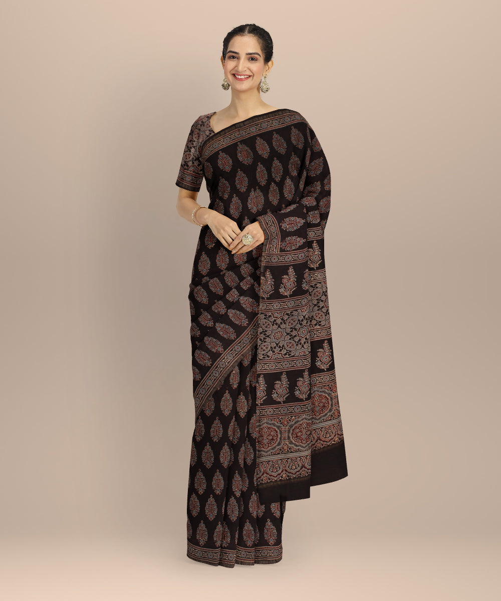Black brown cotton modal silk hand printed ajrakh saree