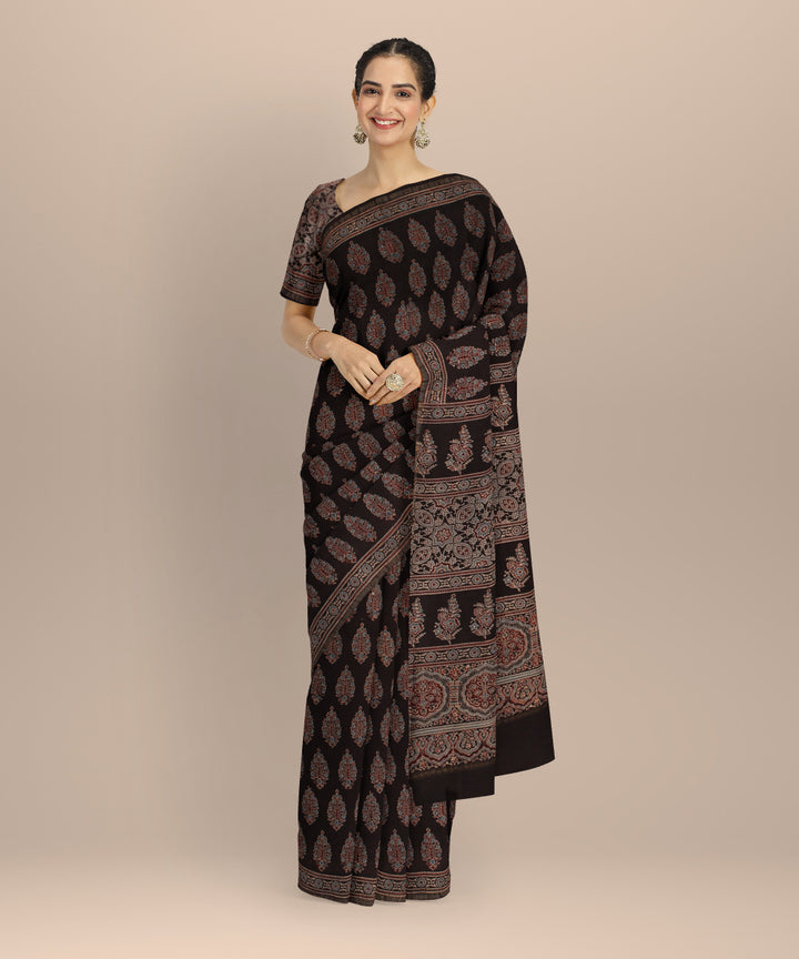 Black brown cotton modal silk hand printed ajrakh saree