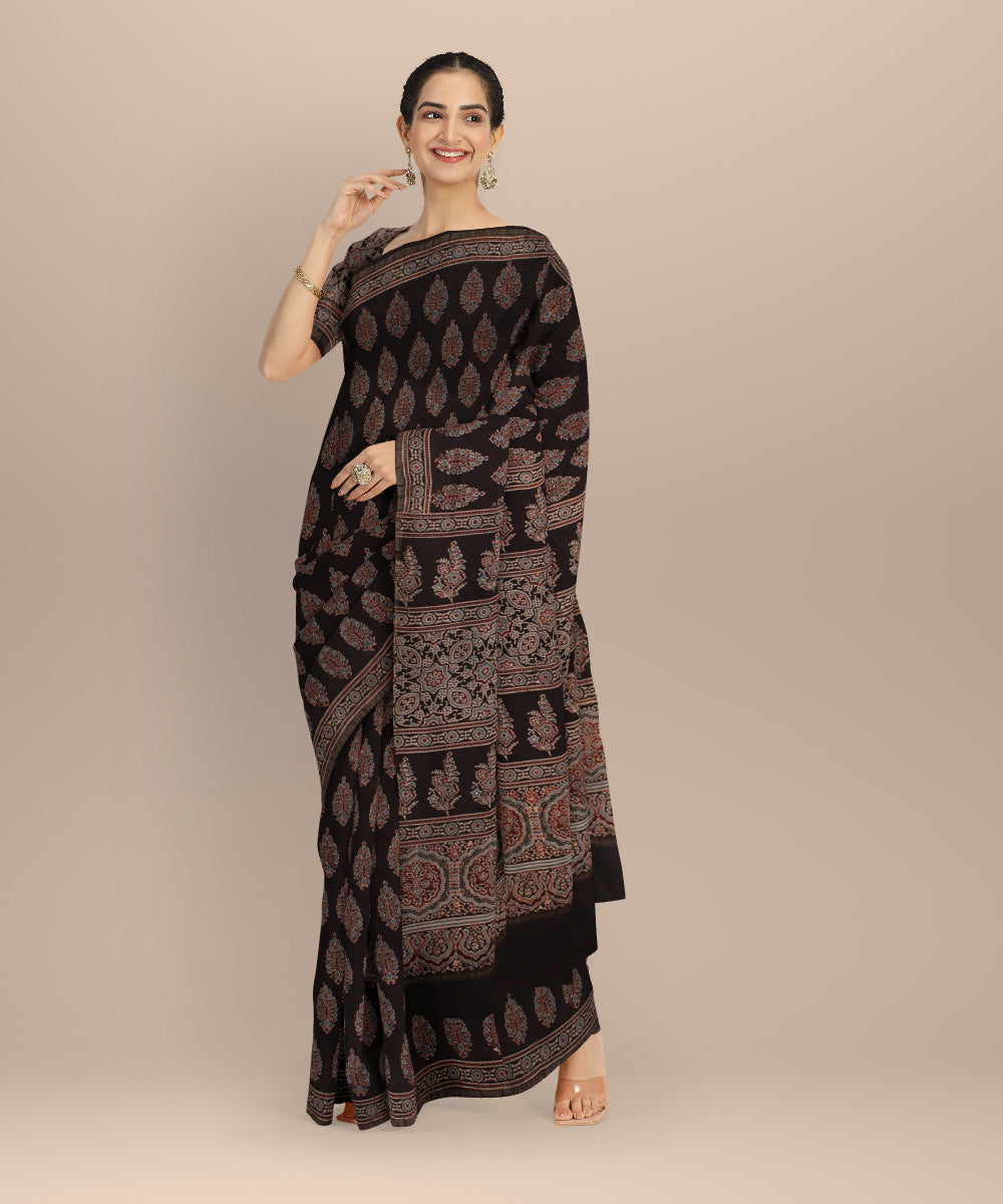Black brown cotton modal silk hand printed ajrakh saree