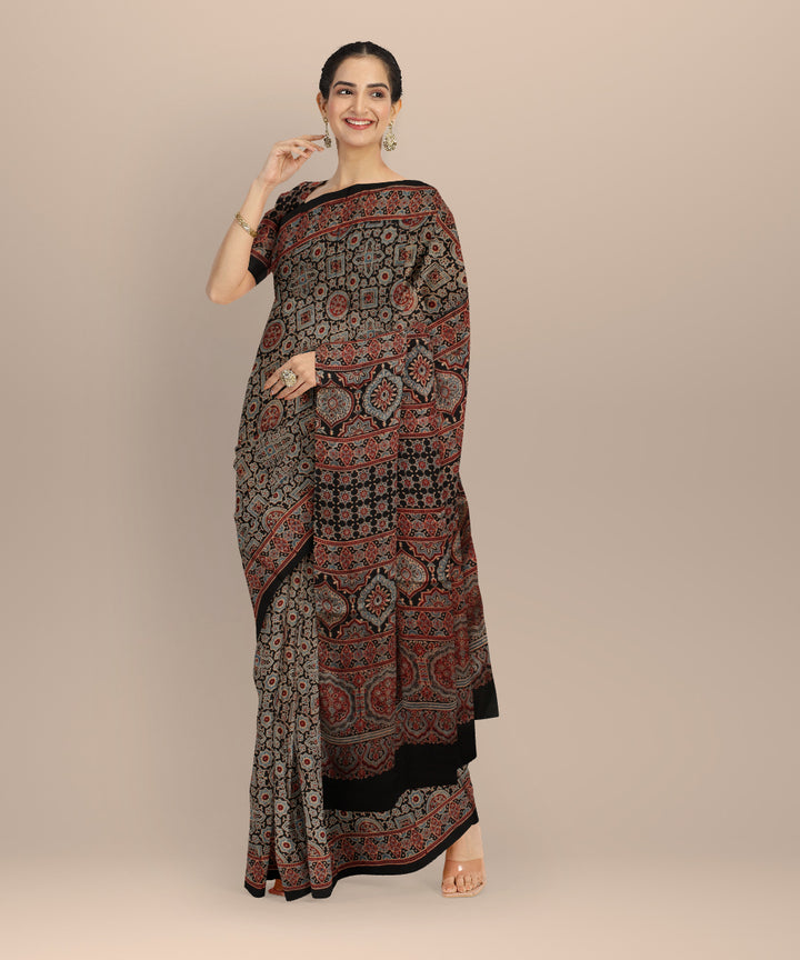 Multicolor modal silk hand printed ajrakh saree