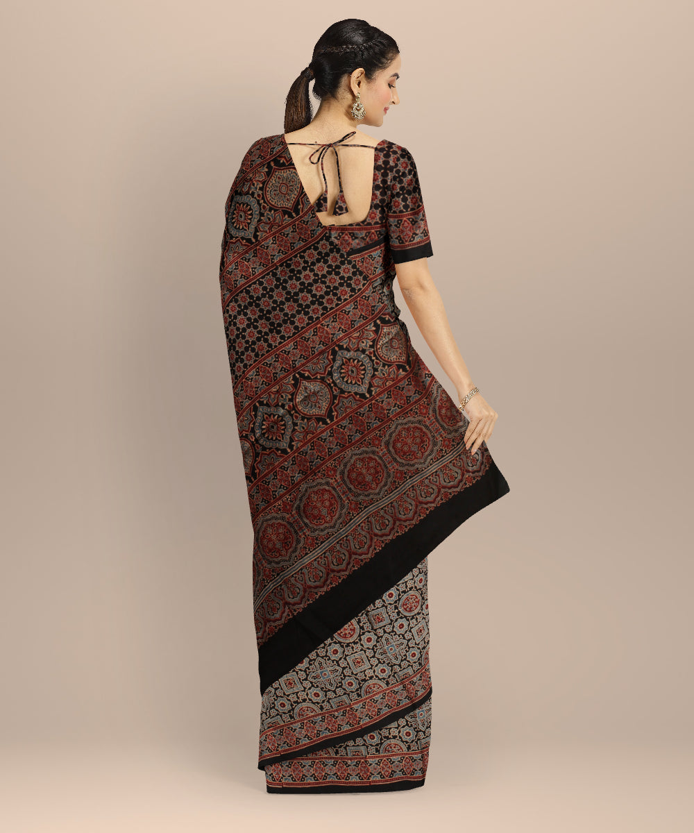 Multicolor modal silk hand printed ajrakh saree