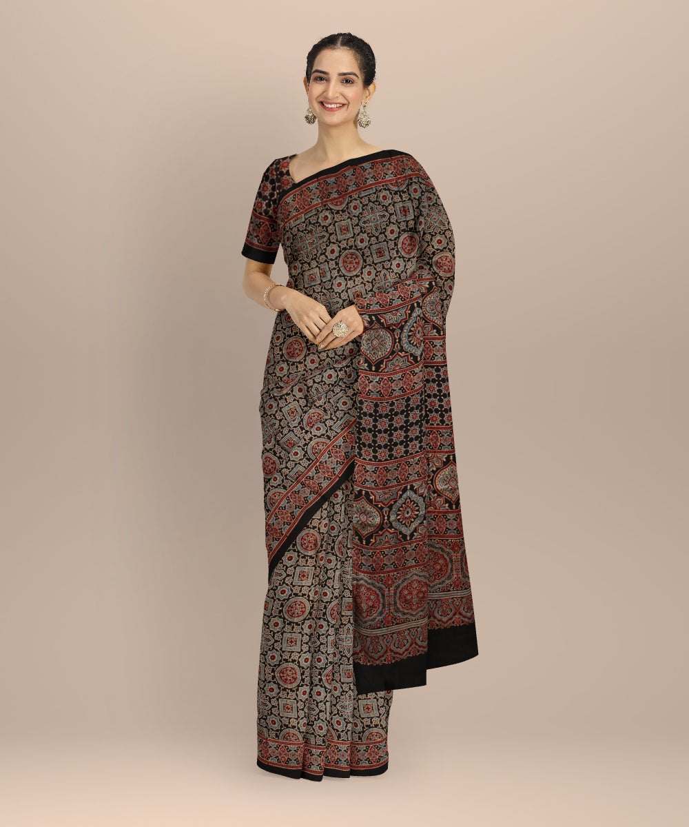 Multicolor modal silk hand printed ajrakh saree