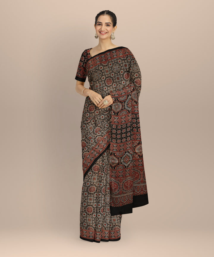 Multicolor modal silk hand printed ajrakh saree