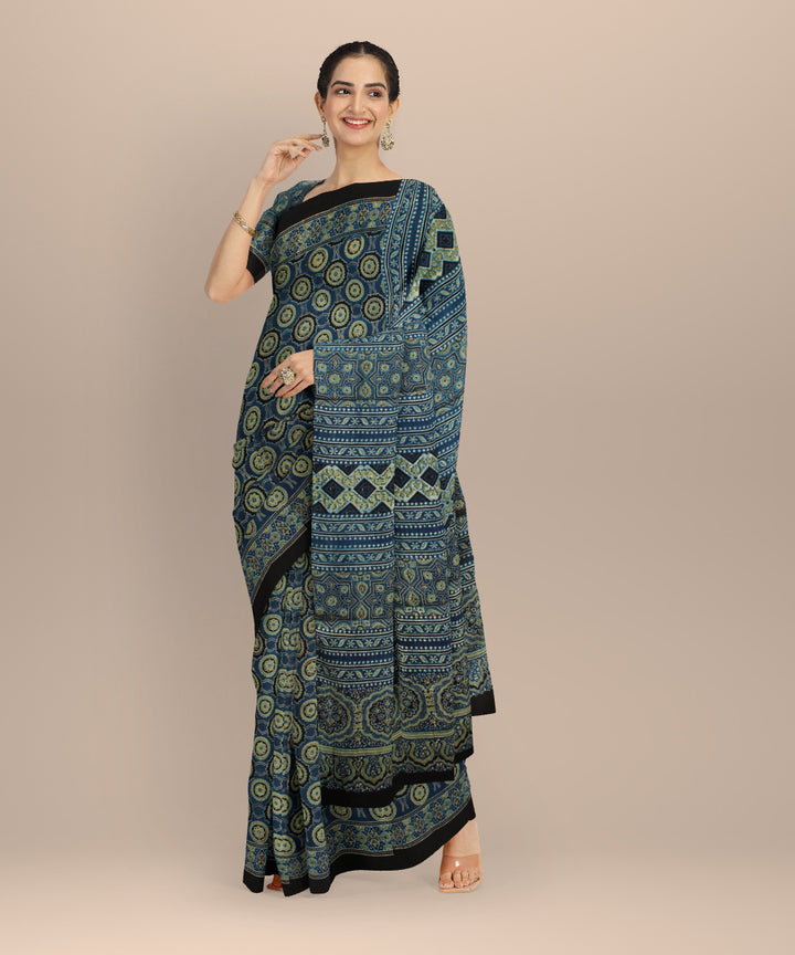 Navy blue modal silk hand printed ajrakh saree