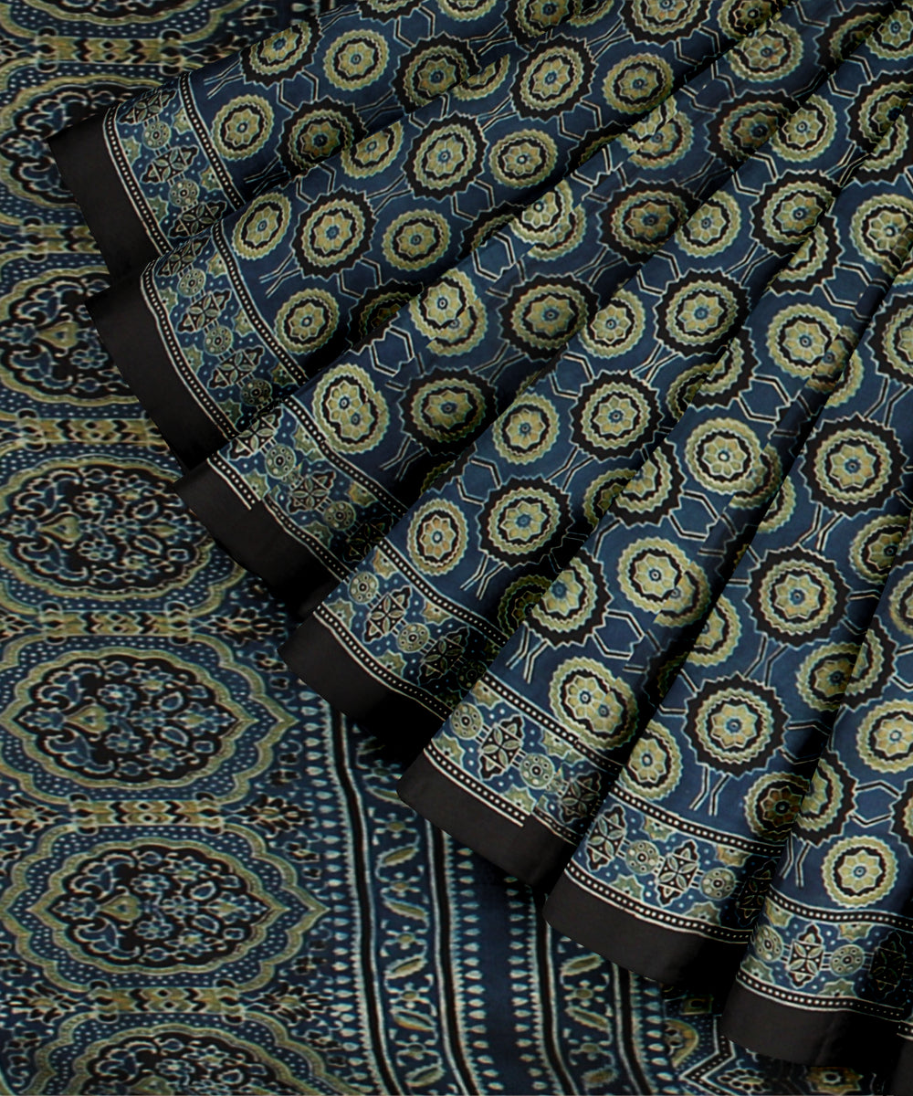 Navy blue modal silk hand printed ajrakh saree