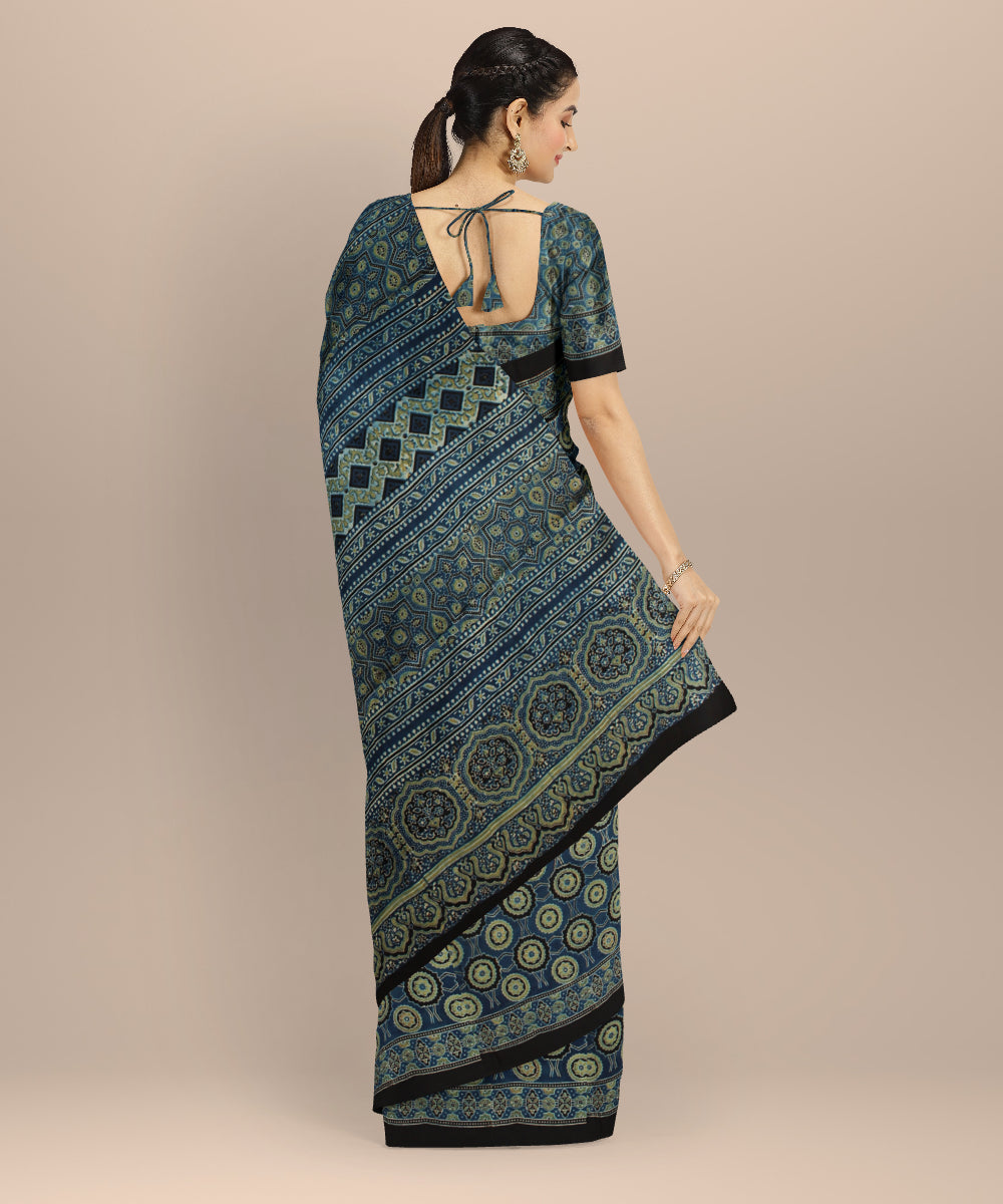 Navy blue modal silk hand printed ajrakh saree