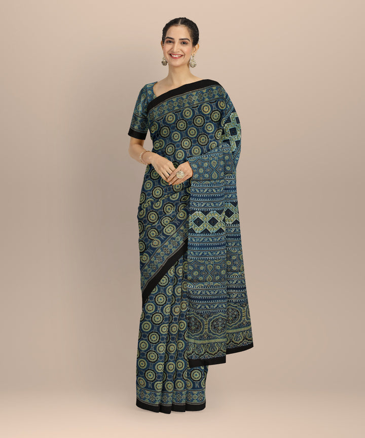 Navy blue modal silk hand printed ajrakh saree