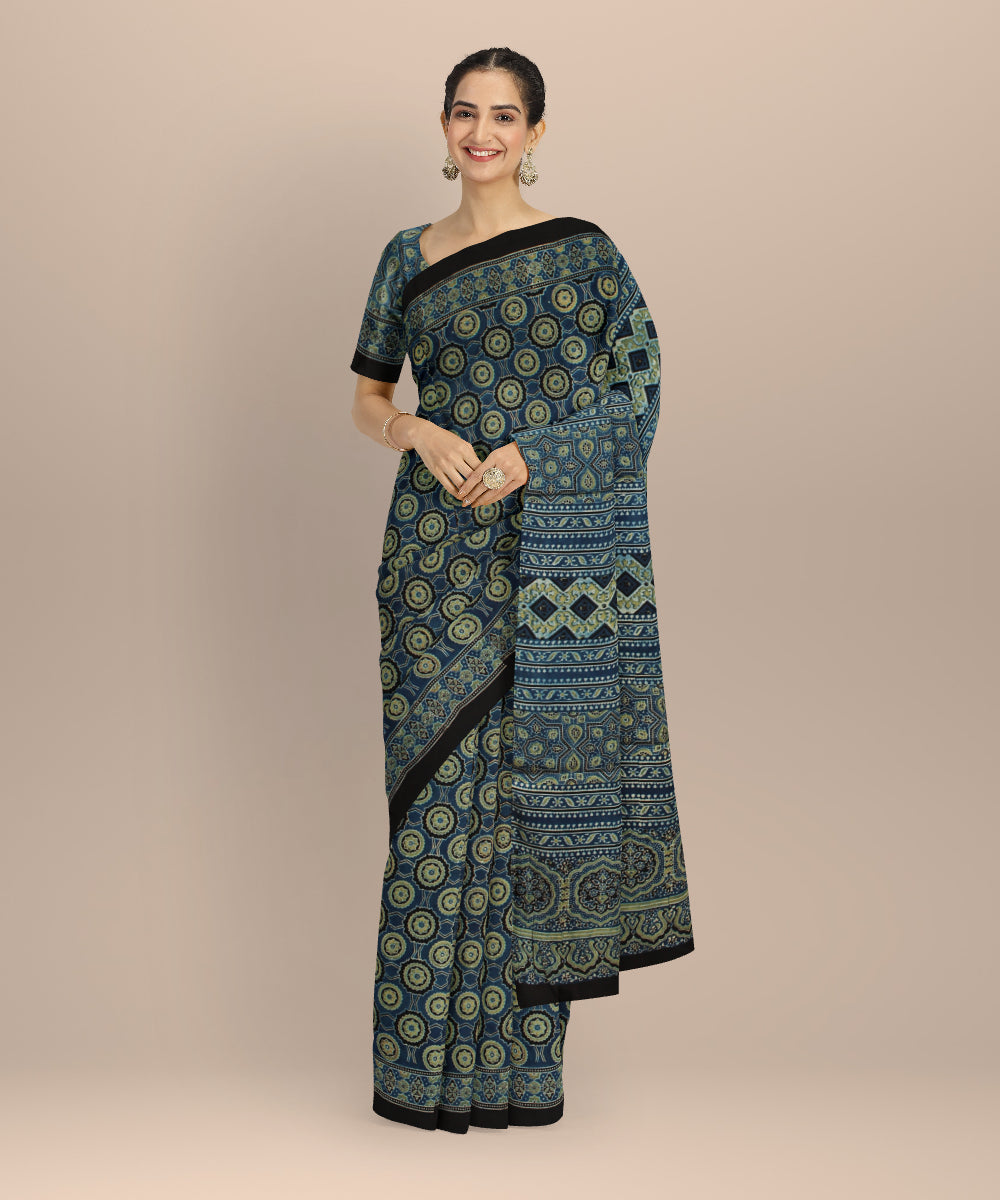 Navy blue modal silk hand printed ajrakh saree