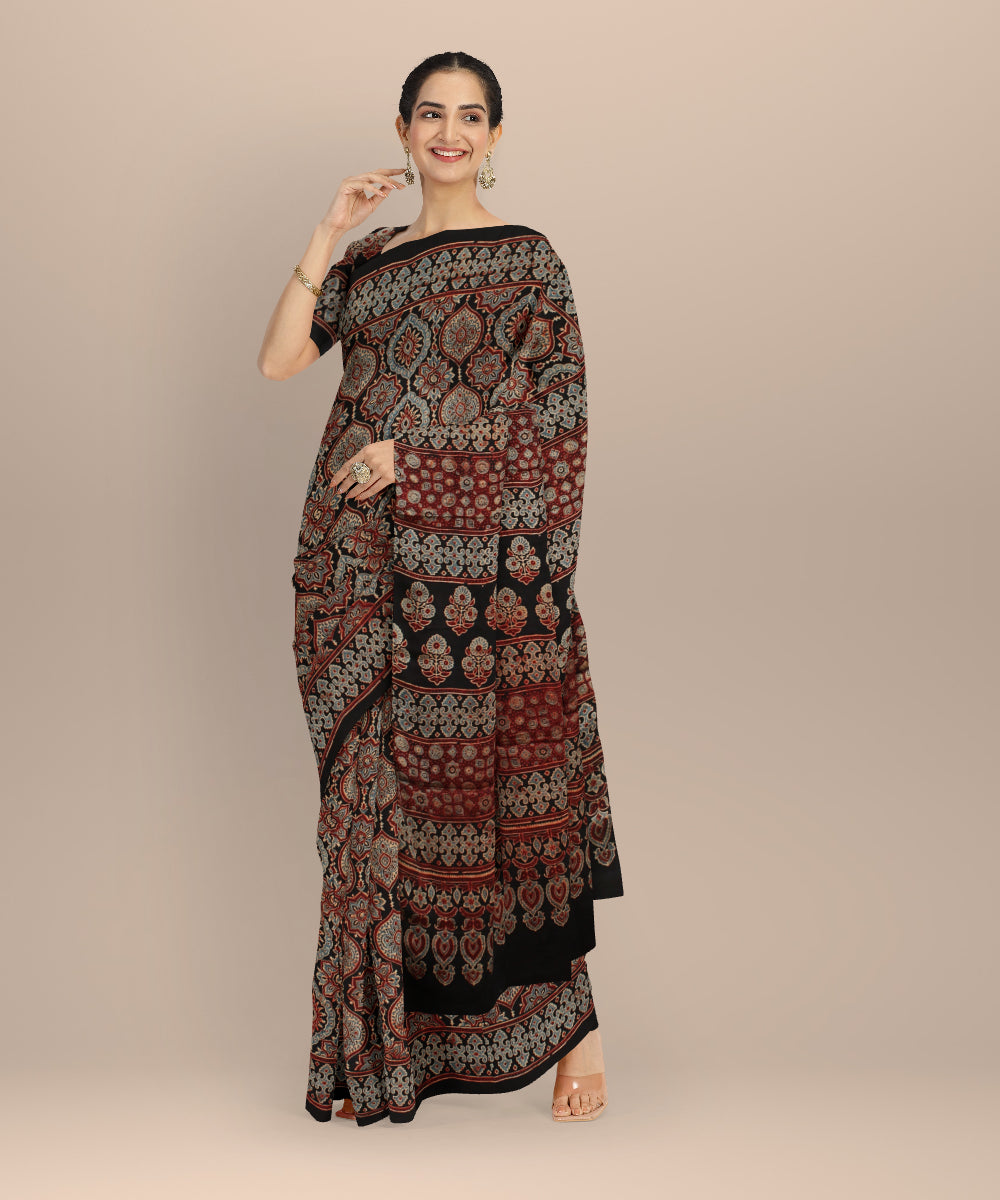 Black multicolor modal silk hand printed ajrakh saree