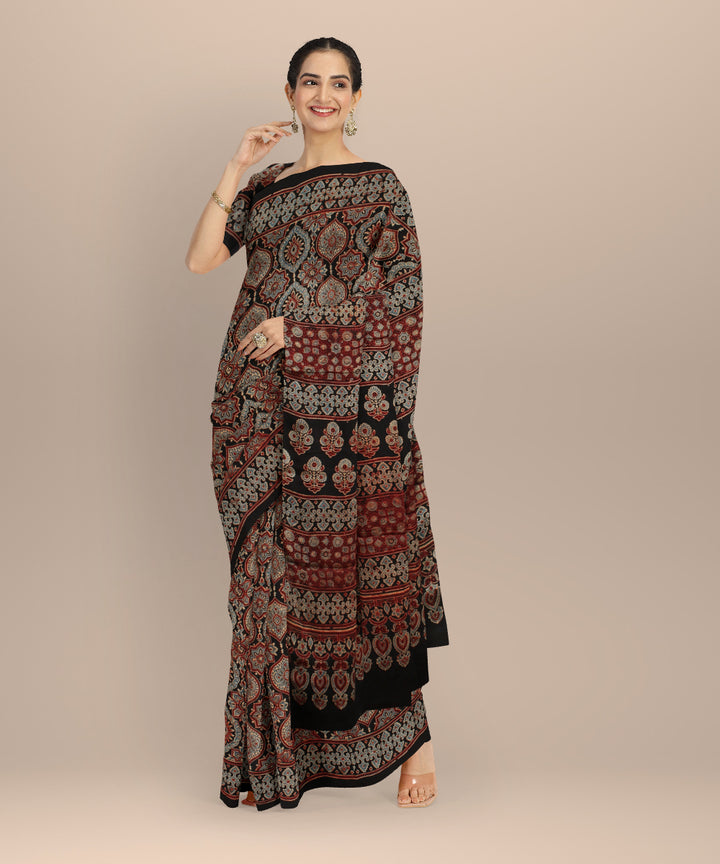 Black multicolor modal silk hand printed ajrakh saree