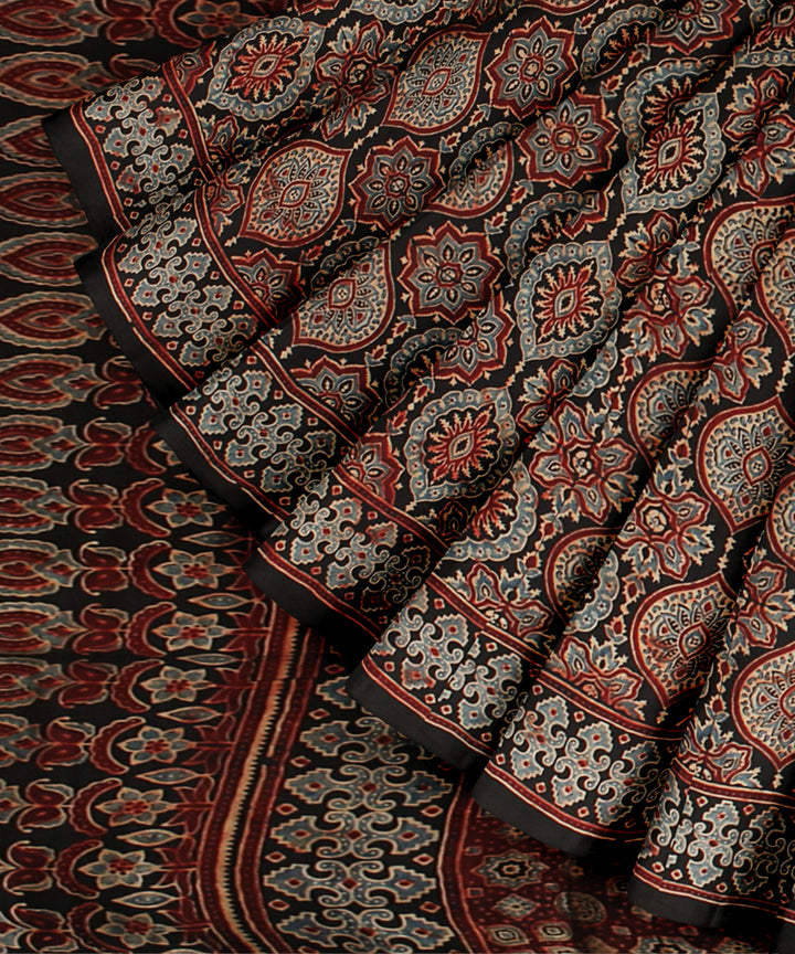 Black multicolor modal silk hand printed ajrakh saree