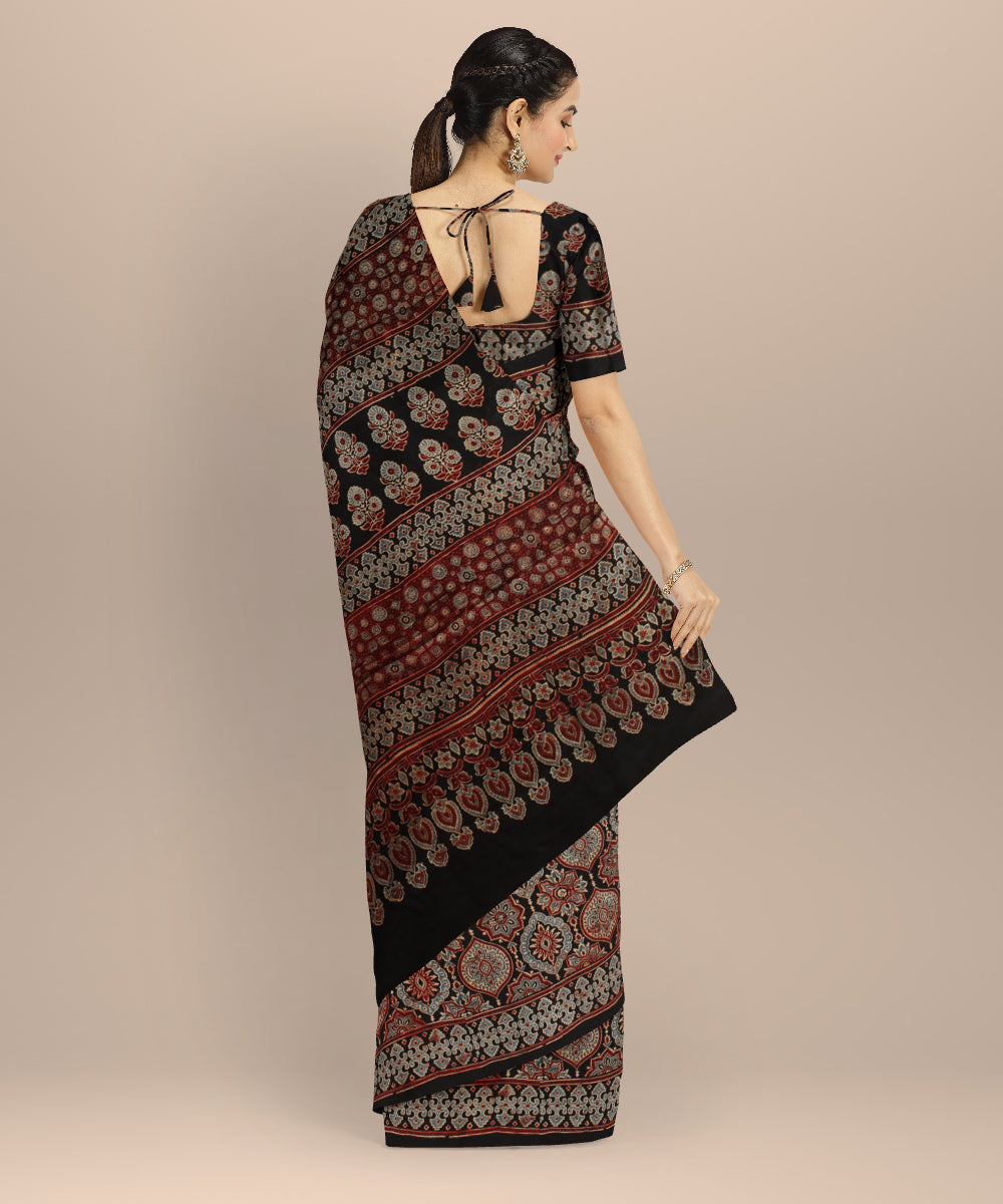 Black multicolor modal silk hand printed ajrakh saree