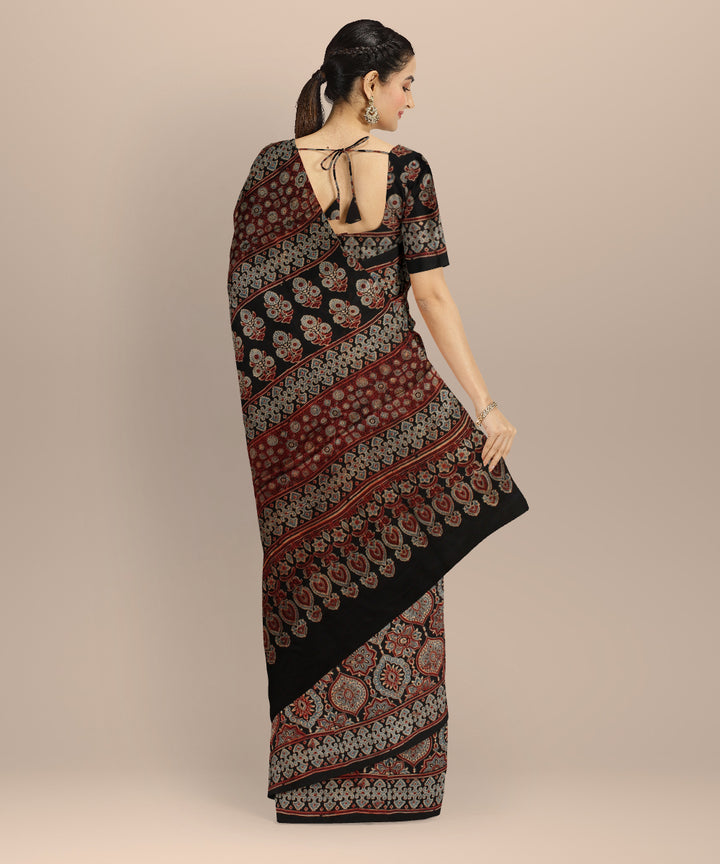 Black multicolor modal silk hand printed ajrakh saree