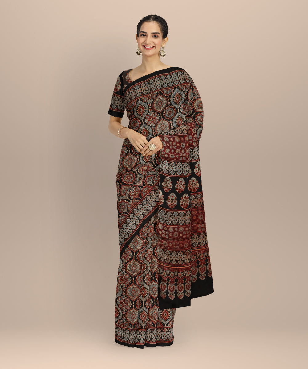 Black multicolor modal silk hand printed ajrakh saree