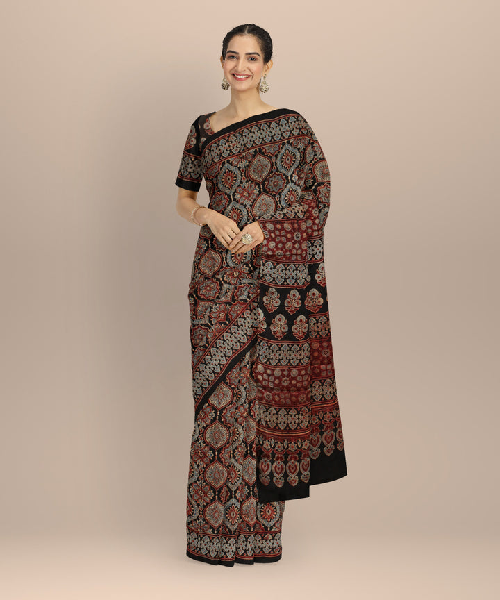 Black multicolor modal silk hand printed ajrakh saree