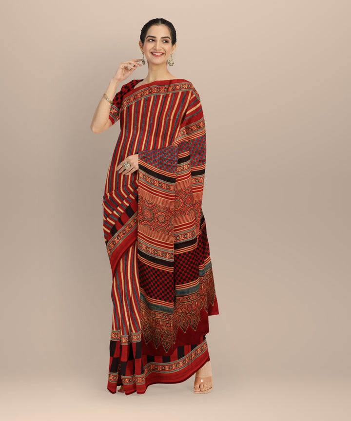 Black red modal silk hand printed ajrakh saree