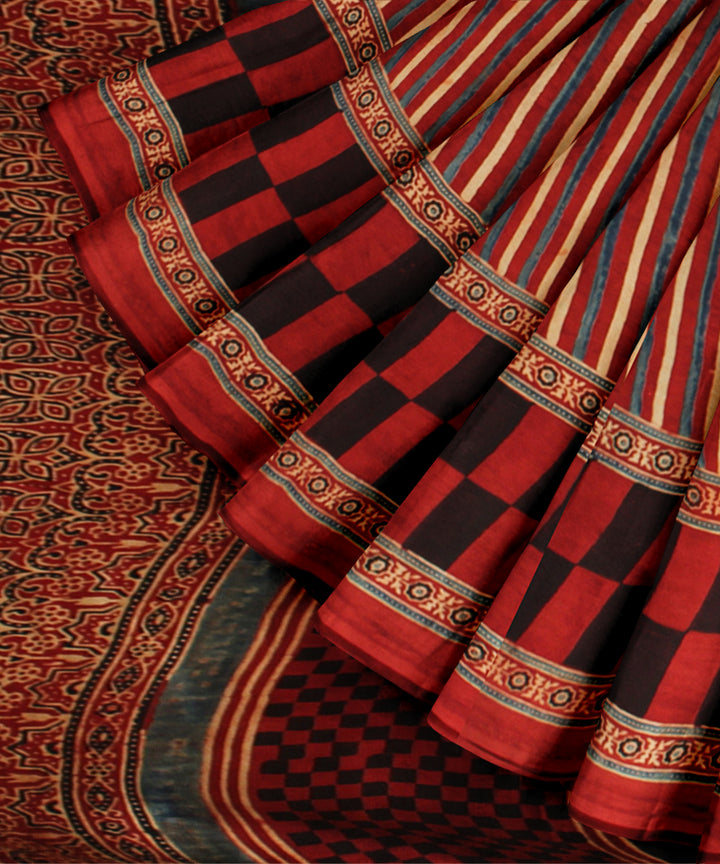 Black red modal silk hand printed ajrakh saree