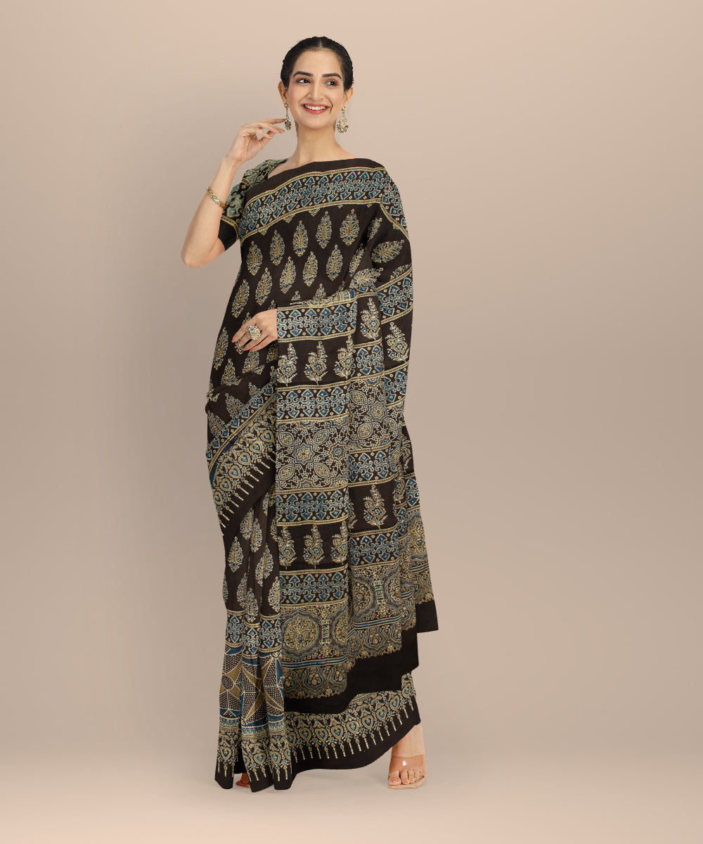 Brown multi color modal silk hand printed ajrakh saree