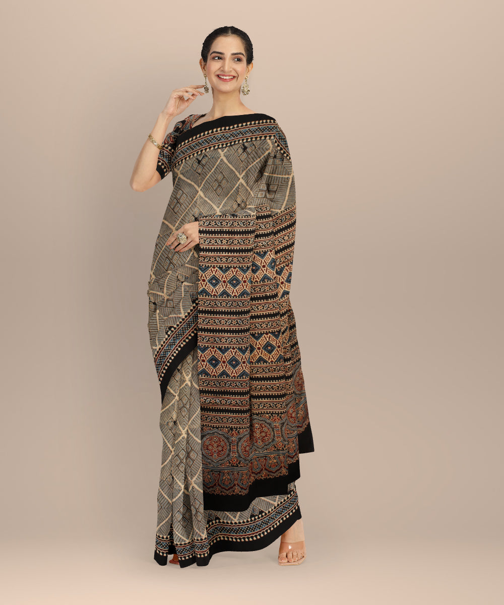 Black beige modal silk hand printed ajrakh saree