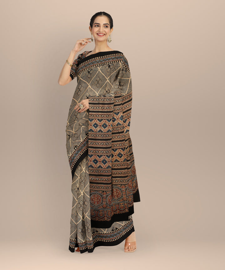 Black beige modal silk hand printed ajrakh saree