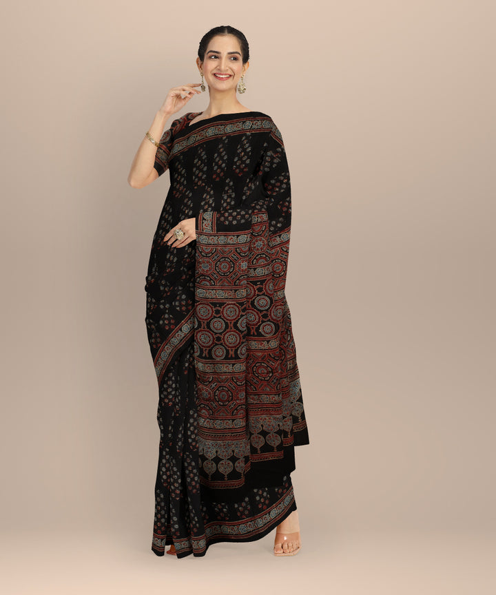 Black multicolor hand block printed ajrakh modal silk saree