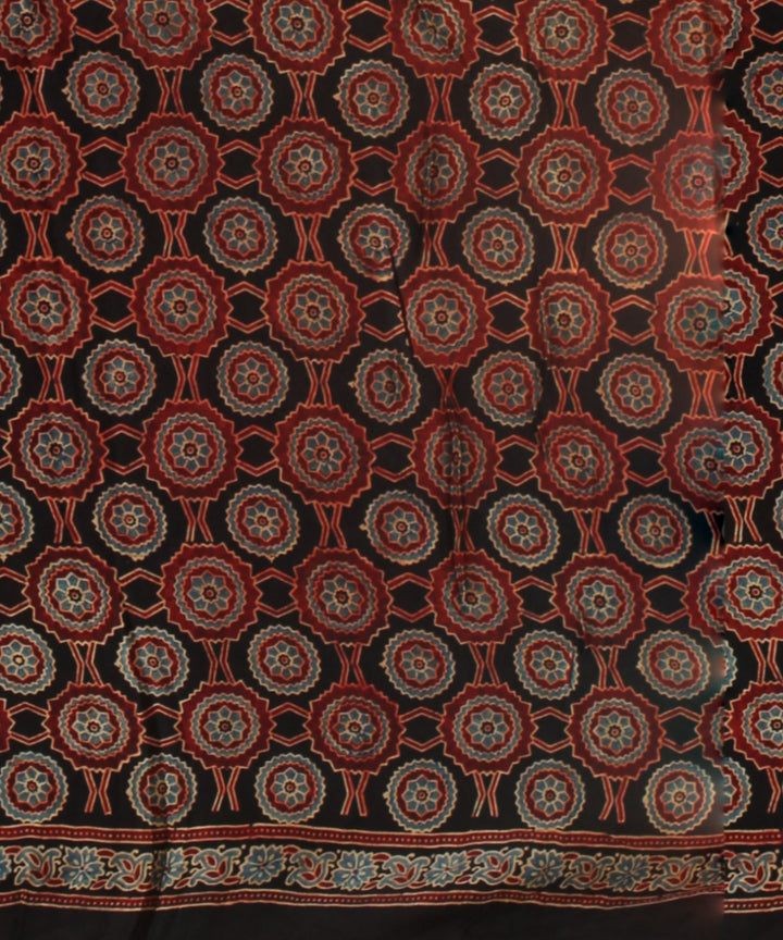 Black multicolor hand block printed ajrakh modal silk saree