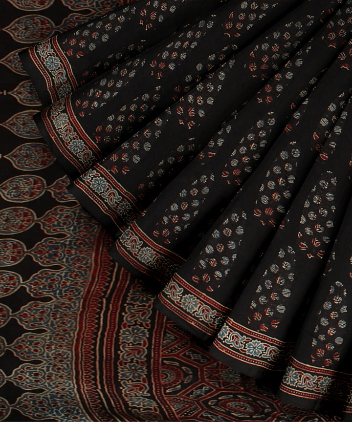 Black multicolor hand block printed ajrakh modal silk saree