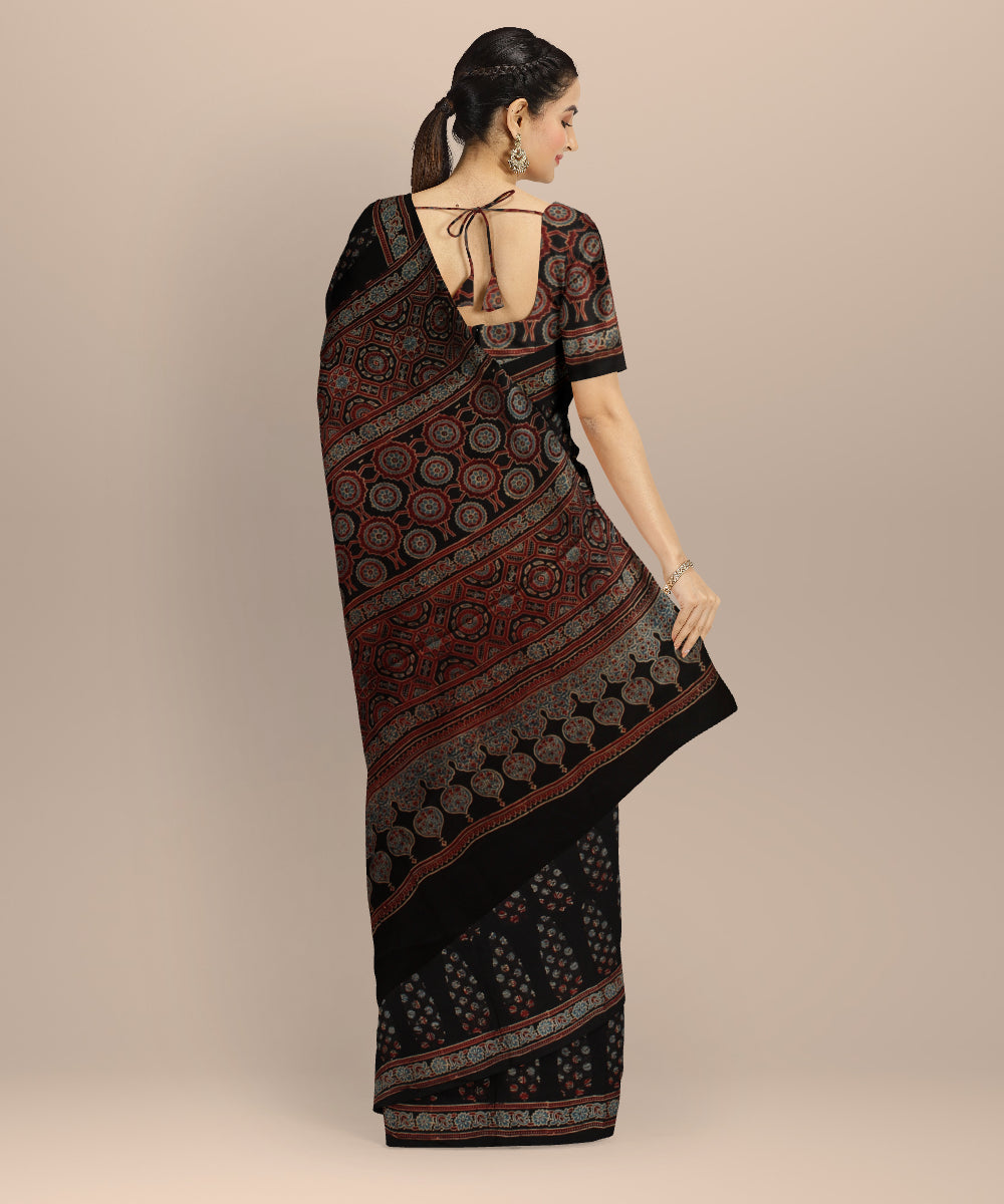 Black multicolor hand block printed ajrakh modal silk saree