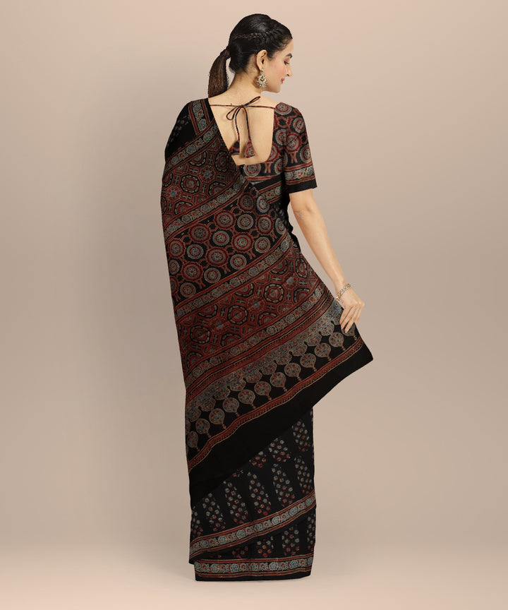 Black multicolor hand block printed ajrakh modal silk saree