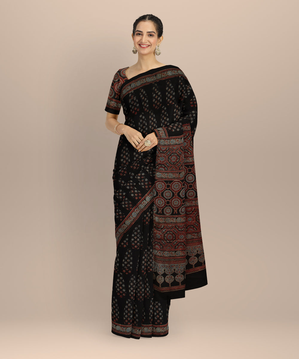 Black multicolor hand block printed ajrakh modal silk saree