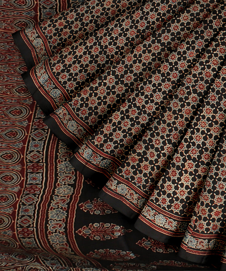 Black multicolor hand print ajrakh modal silk saree