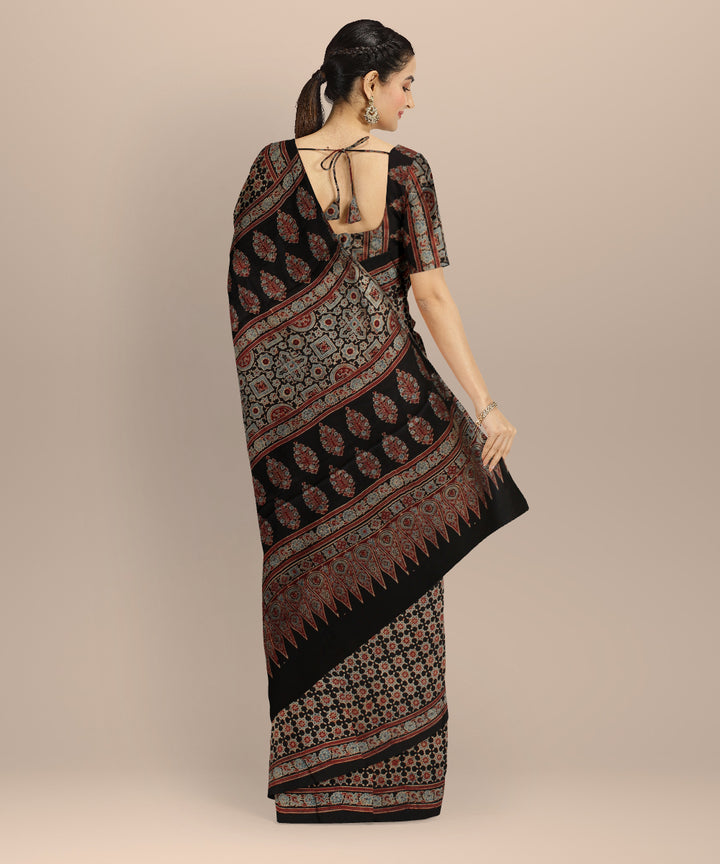 Black multicolor hand print ajrakh modal silk saree
