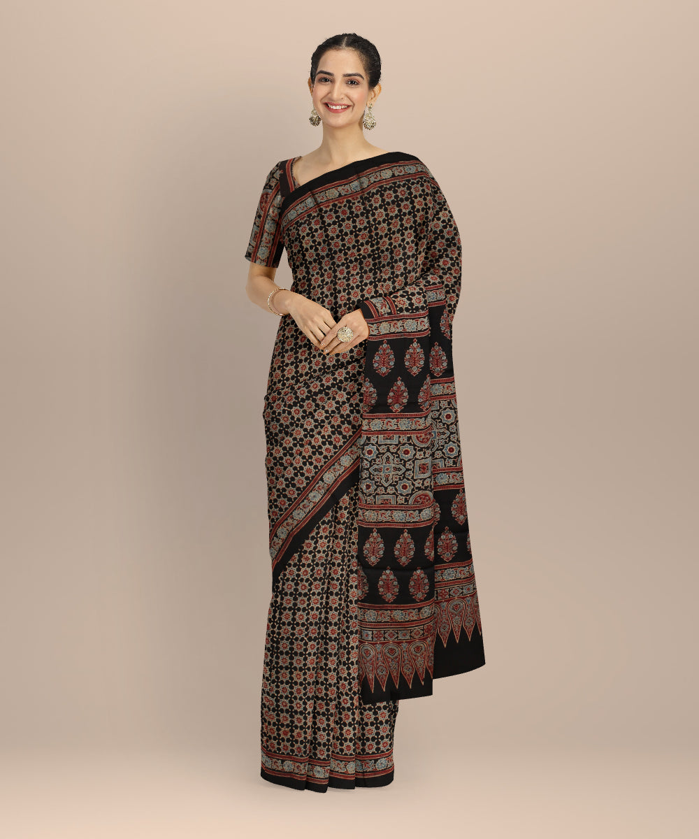 Black multicolor hand print ajrakh modal silk saree