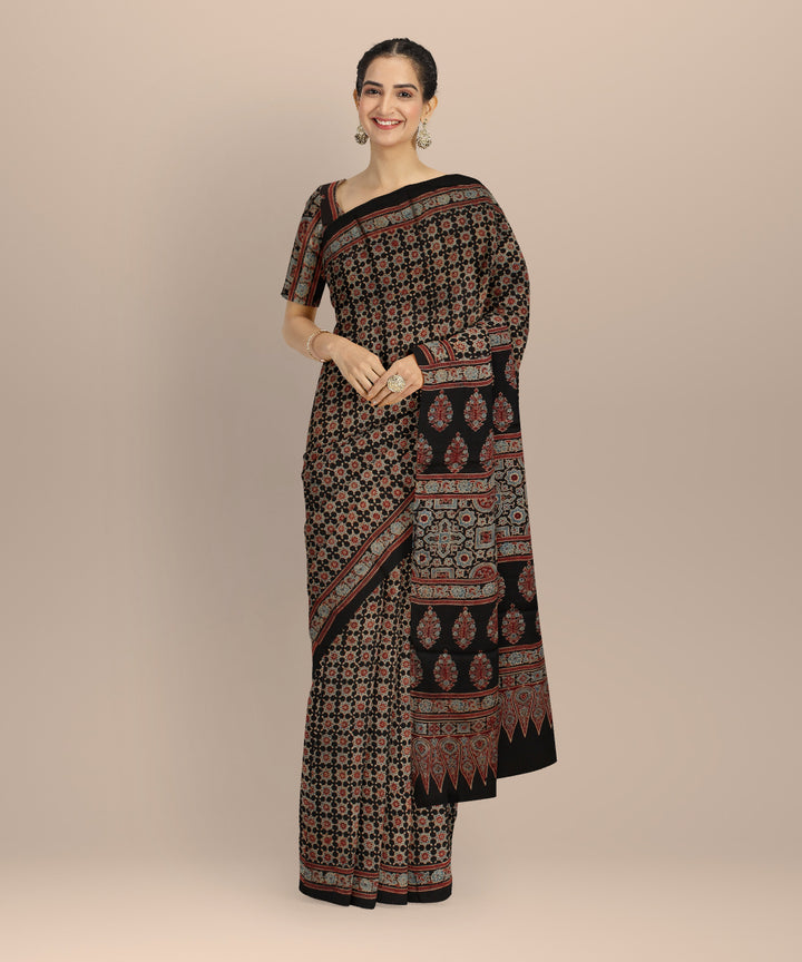 Black multicolor hand print ajrakh modal silk saree