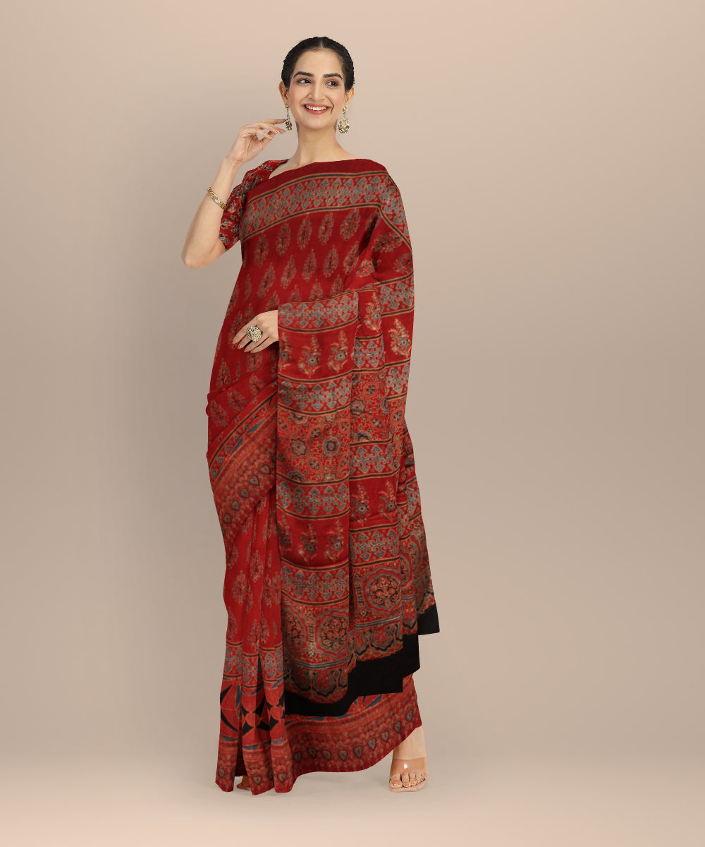 Black red hand block print ajrakh modal silk saree